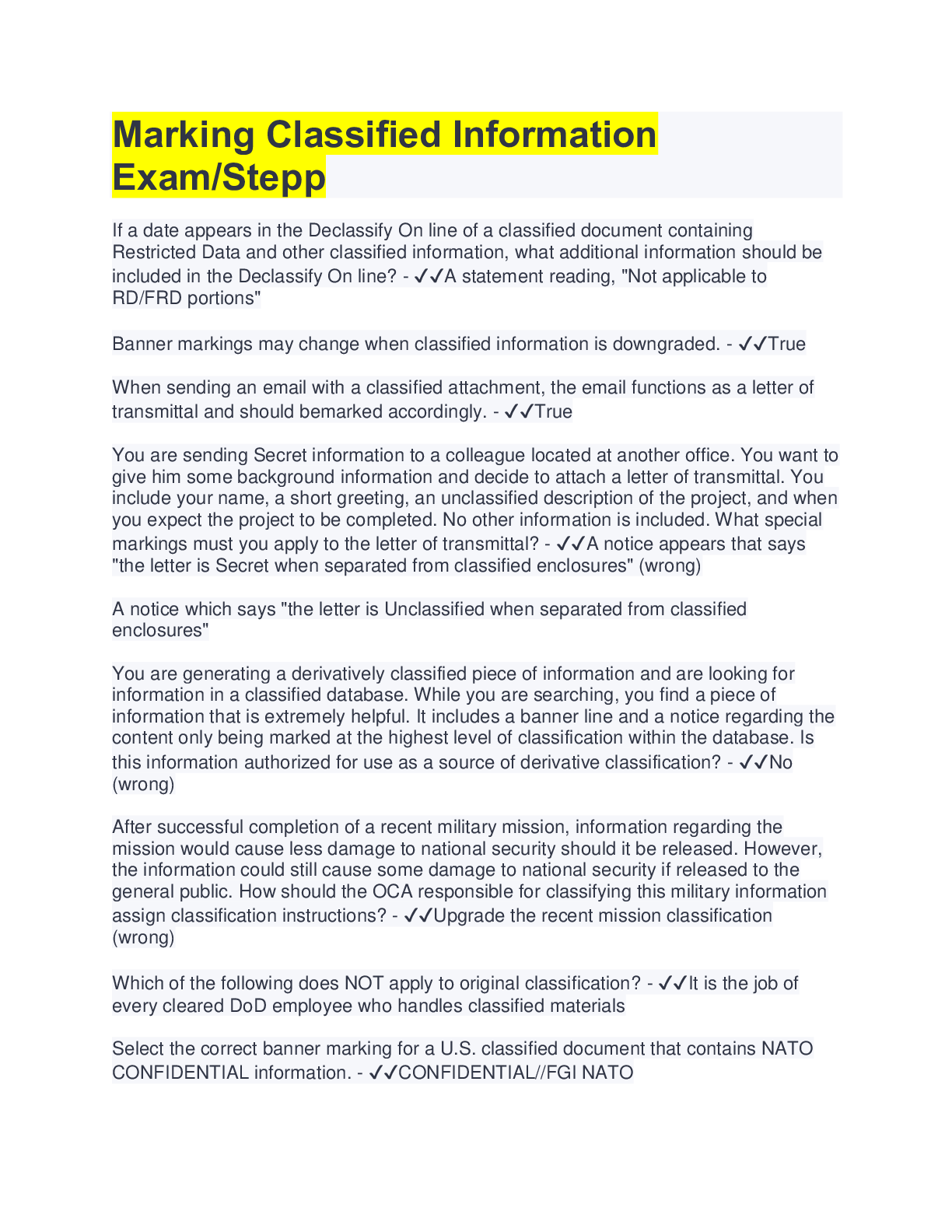 Marking Classified Information Exam/Stepp 51 Questions with 100